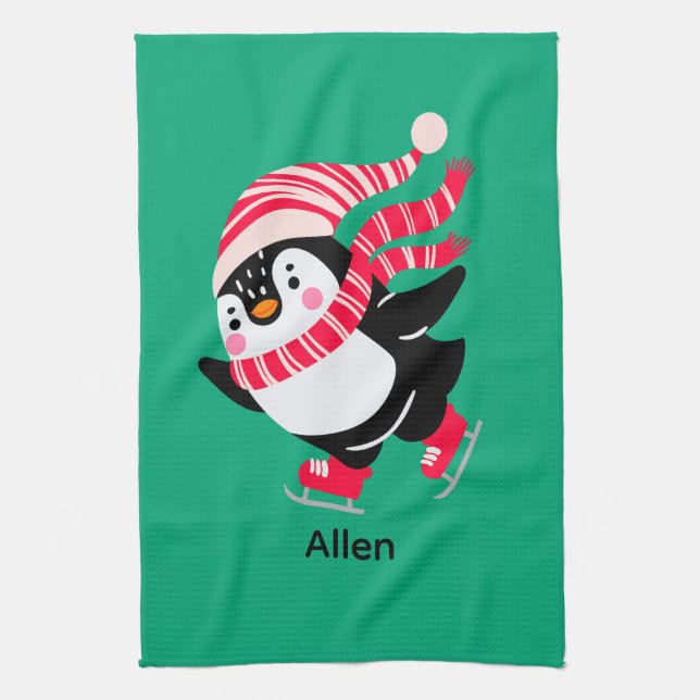 Christmas Penguin in a Hat and Scarf on Skates Tea Towel (Vertical)