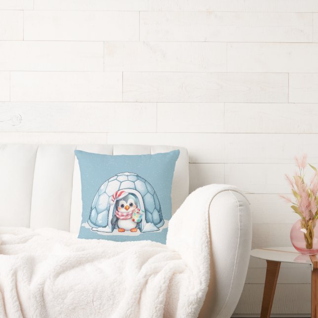 Christmas Penguin In Snowflakes Cushion (Couch)