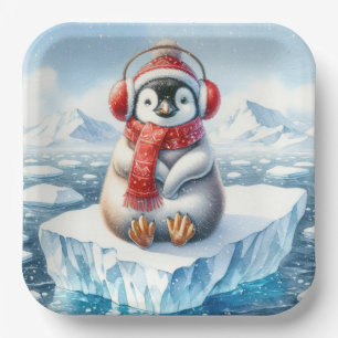 Christmas Penguin In Snowflakes Paper Plate