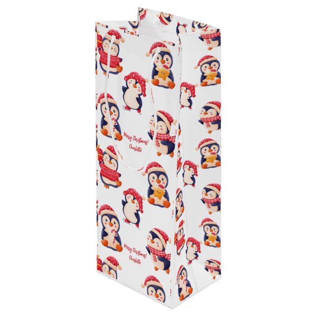 Christmas Penguin name Wine Gift Bag (Back Angled)
