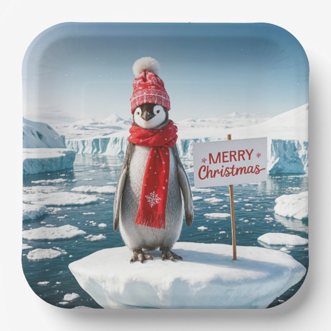 Christmas Penguin On An Iceberg Paper Plate (Front)