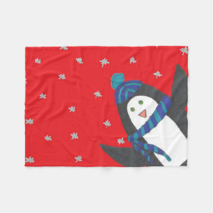 Christmas Penguin on Red Fleece Blanket