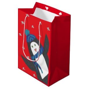 Christmas Penguin on Red  Medium Gift Bag