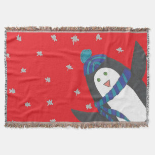 Christmas Penguin on Red Throw Blanket