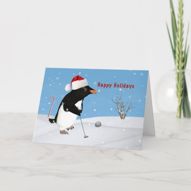 Christmas, Penguin Playing Golf Holiday Card (Front)