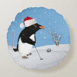 Christmas, Penguin Playing Golf Round Cushion