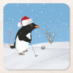 Christmas, Penguin Playing Golf Square Paper Coaster
