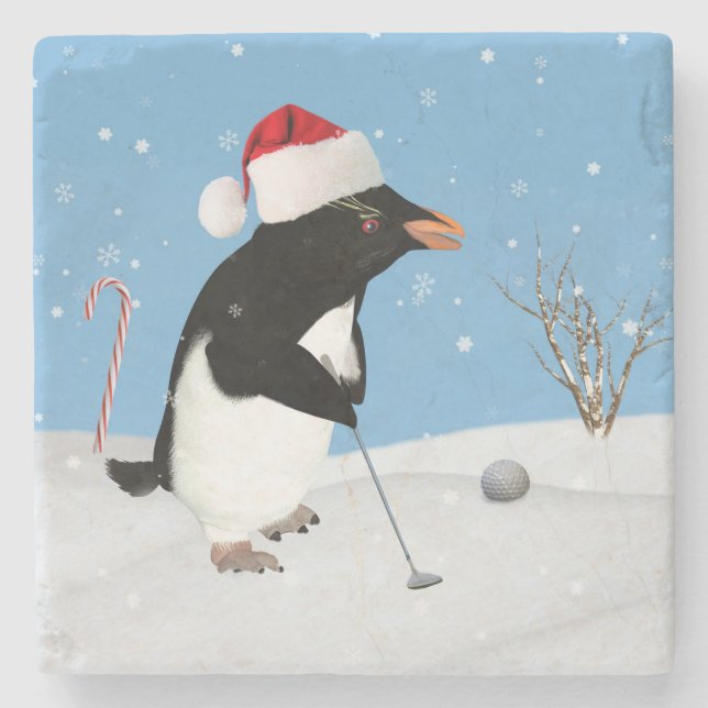 Christmas, Penguin Playing Golf Stone Coaster (Front)