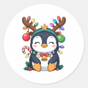 Christmas Penguin Reindeer Lights Holiday Animal K Classic Round Sticker