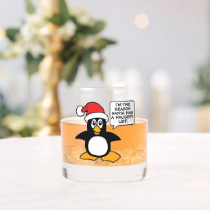 Christmas Penguin Santa Naughty List Whiskey Glass