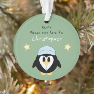 Christmas penguin Santa stop here green Ornament