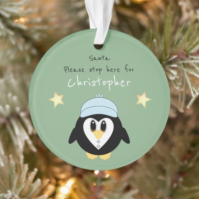 Christmas penguin Santa stop here green Ornament (Tree)