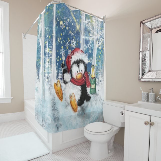 Christmas Penguin Shower Curtain (In Situ)
