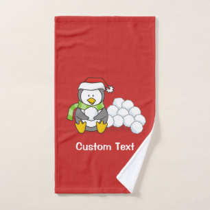 Christmas penguin sitting with snow balls bath towel set