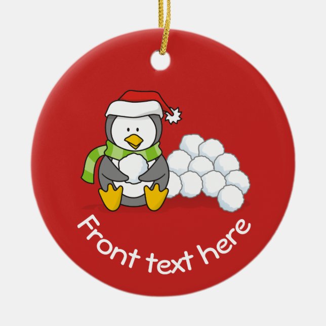 Christmas penguin sitting with snow balls ceramic tree decoration (Front)