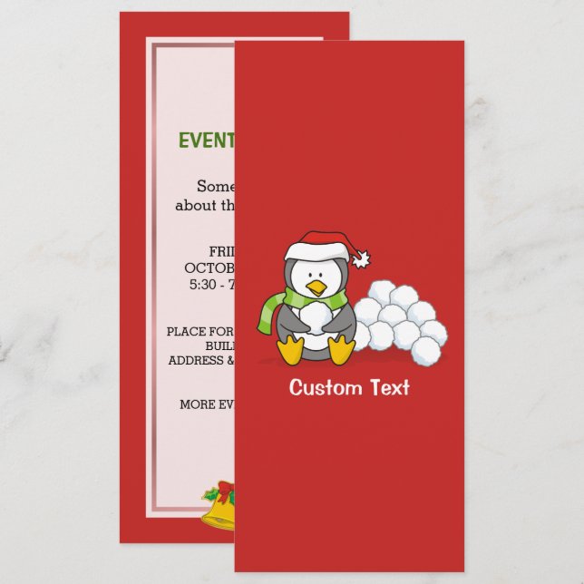 Christmas penguin sitting with snow balls invitation (Front/Back)