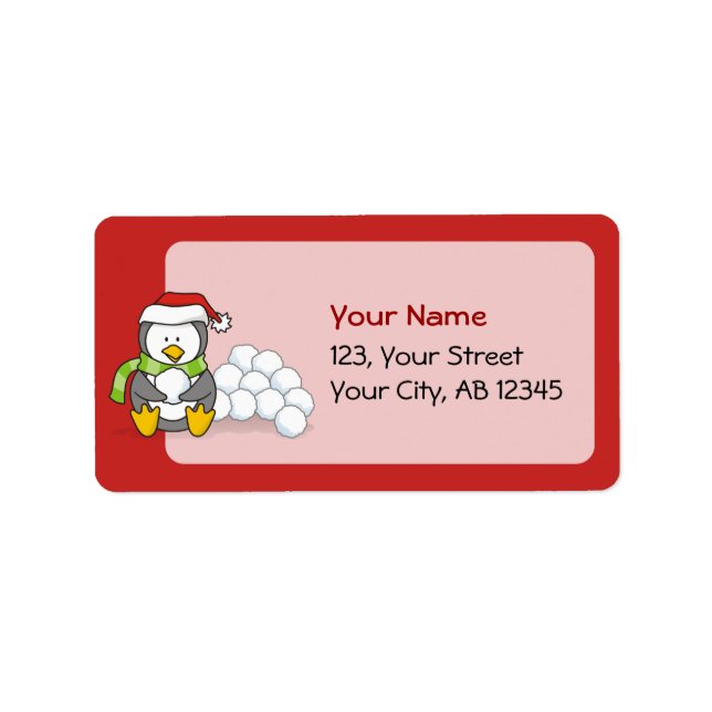 Christmas penguin sitting with snow balls label (Front)
