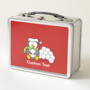 Christmas penguin sitting with snow balls metal lunch box
