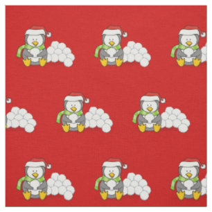 Christmas Penguin sitting with Snow Balls Pattern Fabric