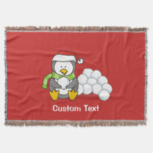 Christmas penguin sitting with snow balls throw blanket