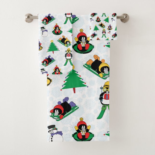 Christmas penguin skiing bath towel set (Insitu)