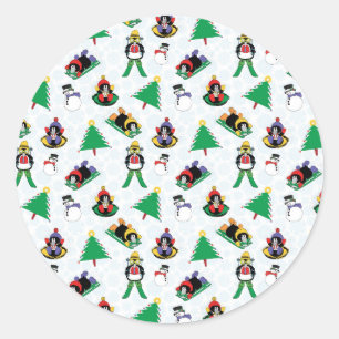 Christmas penguin skiing classic round sticker