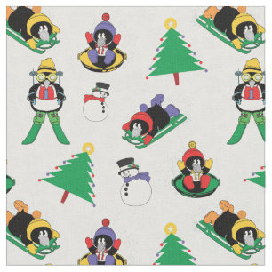 Christmas penguin skiing fabric
