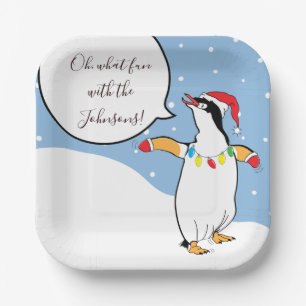 Christmas Penguin Skiing Paper Plate