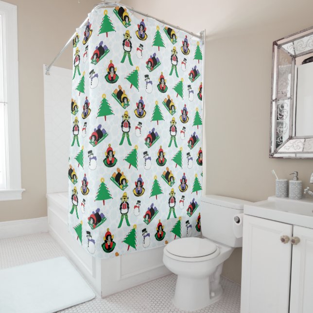 Christmas penguin skiing shower curtain (In Situ)