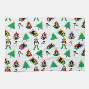 Christmas penguin skiing tea towel