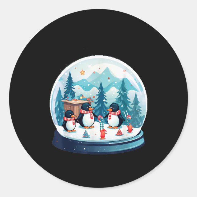 Christmas Penguin Snow Globe Scene Family Holiday  Classic Round Sticker (Front)