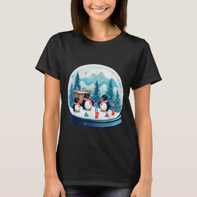 Christmas Penguin Snow Globe Scene Family Holiday  T-Shirt (Front)