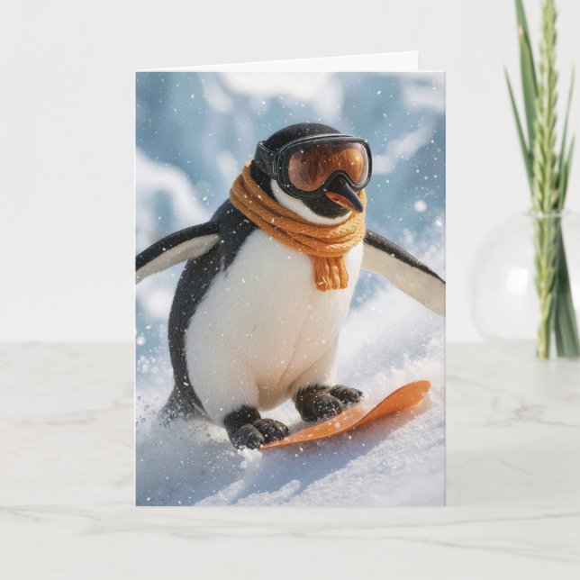 Christmas Penguin Snowboarding Downhill Card (Front)