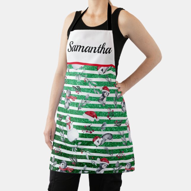 Christmas Penguin Snowman Green Glitter Stripes Apron (Insitu)