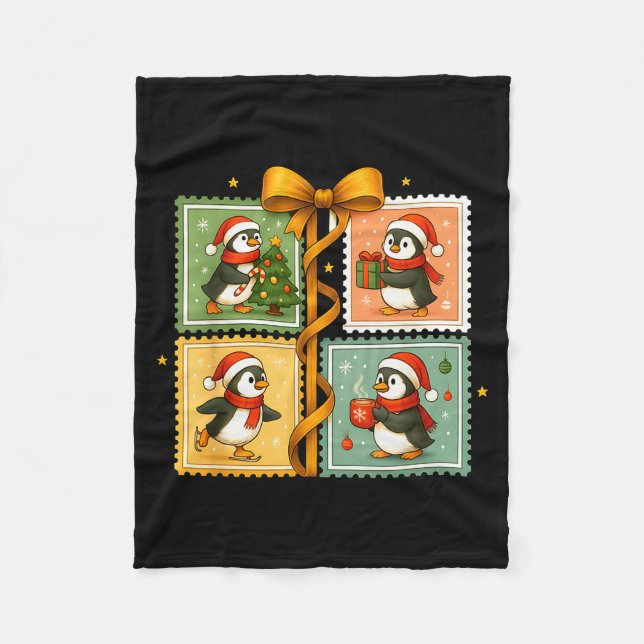 Christmas Penguin Stamp Collage  Fleece Blanket (Front)