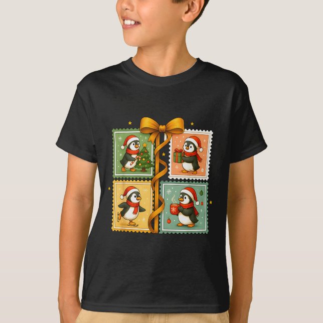 Christmas Penguin Stamp Collage  T-Shirt (Front)