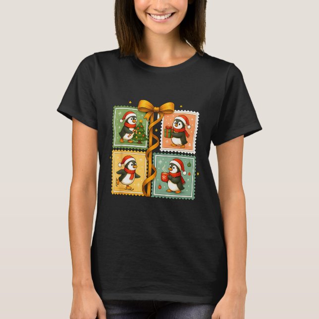 Christmas Penguin Stamp Collage  T-Shirt (Front)