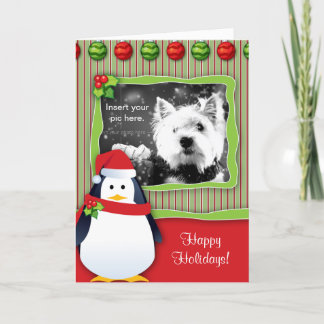 Christmas Penguin Stripes Photo Greeting Card