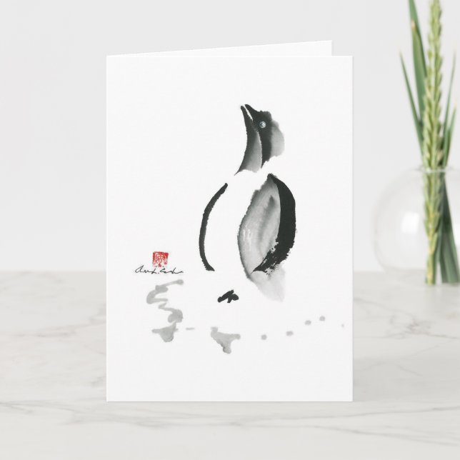 Christmas Penguin, Sumi-e Holiday Card (Front)
