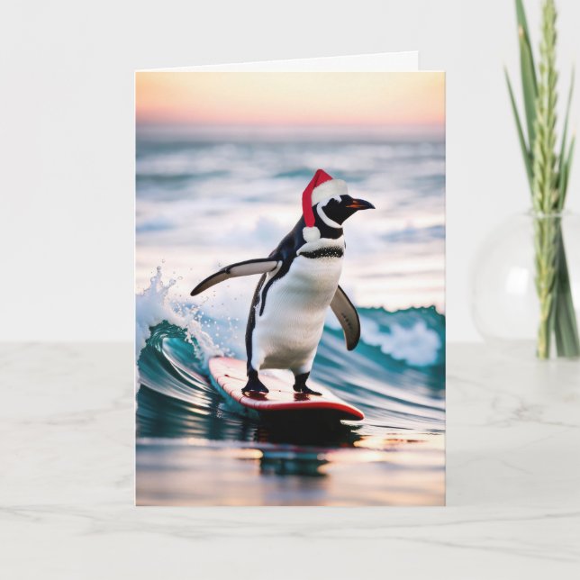 Christmas Penguin Surfing On a Wave Holiday Card (Front)