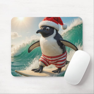 Christmas Penguin Surfing On an Ocean Wave Mouse Mat