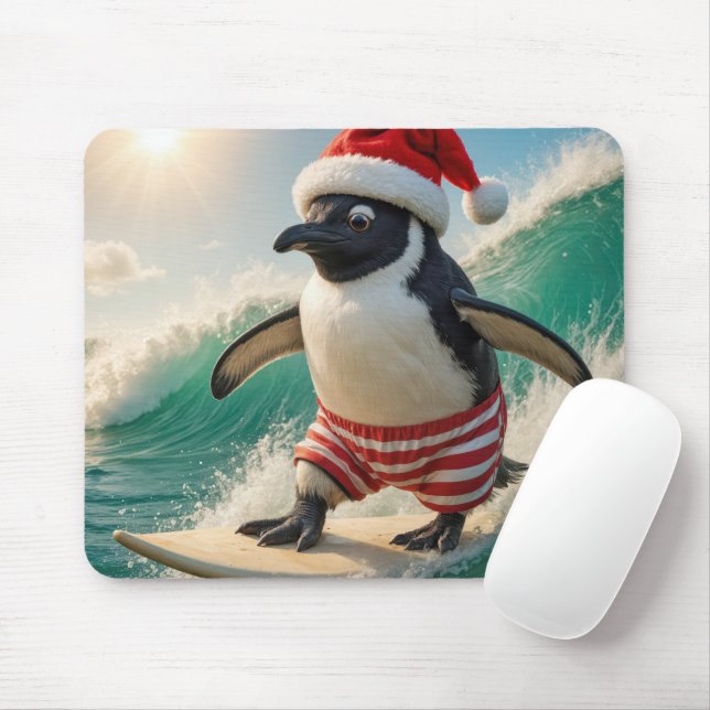 Christmas Penguin Surfing On an Ocean Wave Mouse Mat (With Mouse)