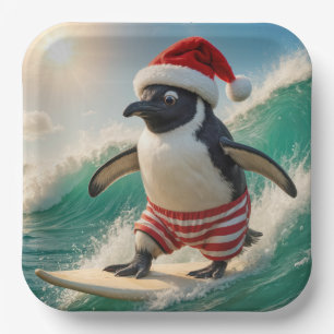 Christmas Penguin Surfing On an Ocean Wave Paper Plate