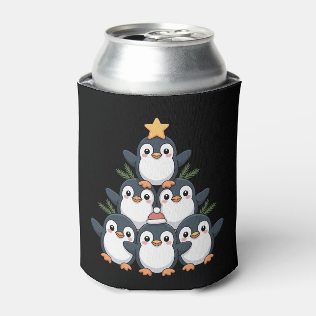 Christmas Penguin Tree Star Santa Hat Snowflake Can Cooler (Can Front)