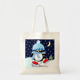 Christmas penguin trying to skate + custom text tote bag