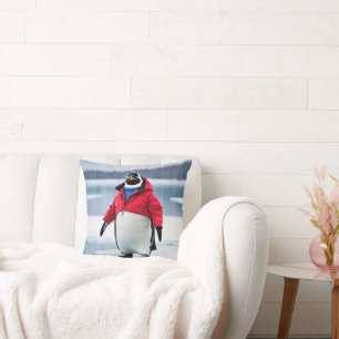 Christmas Penguin Wearing a Red Coat Cushion