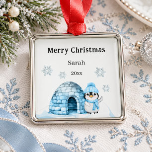 Christmas penguin winter child cute blue white metal tree decoration