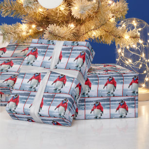 Christmas Penguin With Red Coat and Snowflakes Wrapping Paper