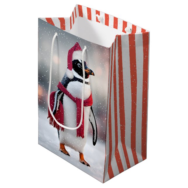 Christmas Penguin With Red Scarf Medium Gift Bag (Front Angled)