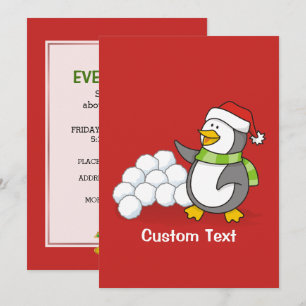 Christmas penguin with snow balls waving invitation